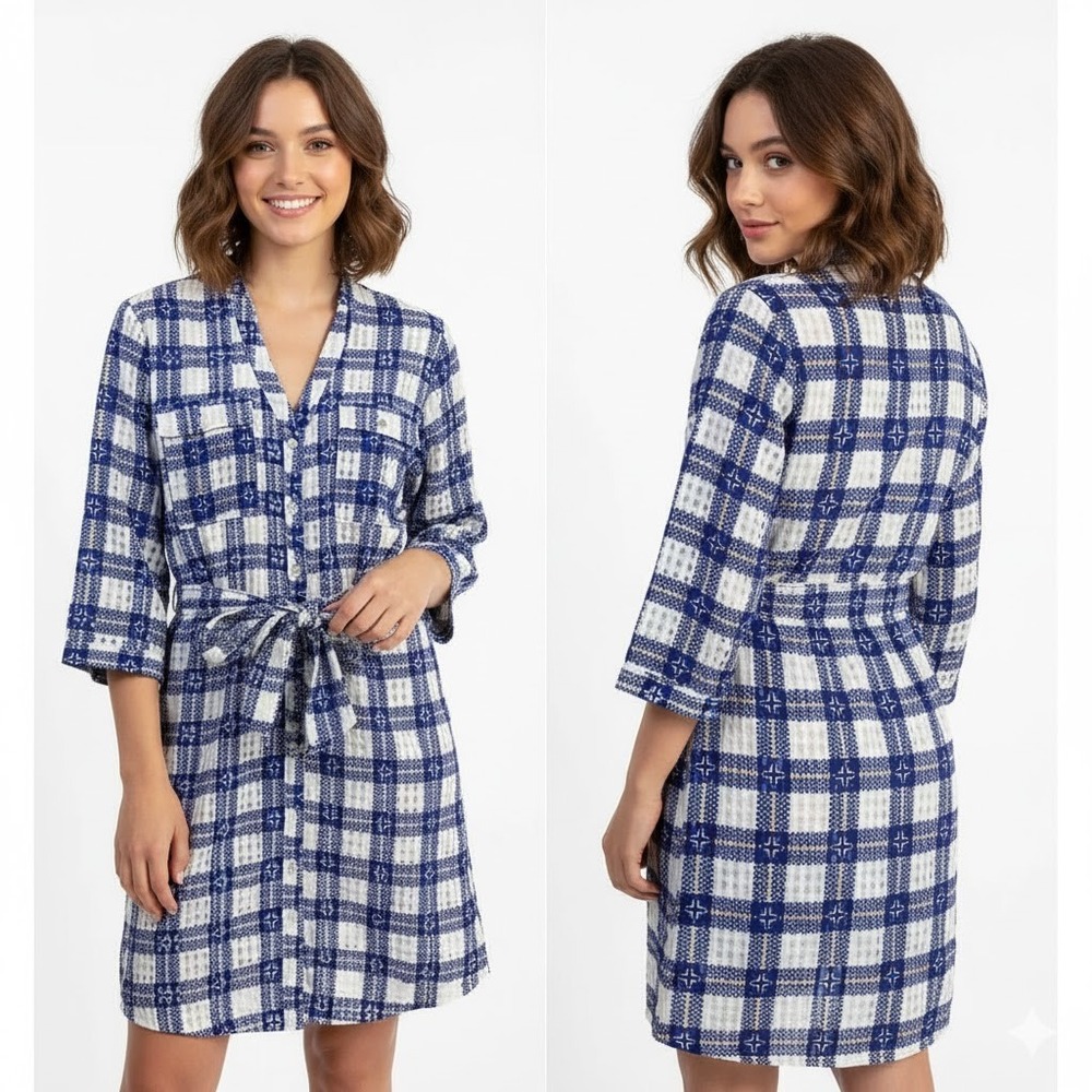 XTAREN Dress Womens Blue White Checkered VNeck Belted Size Medium 3/4‎ Sleeves